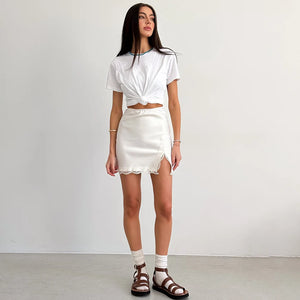 VILZSTUDIOS Elegant Satin Embroidery High Waist Skirt