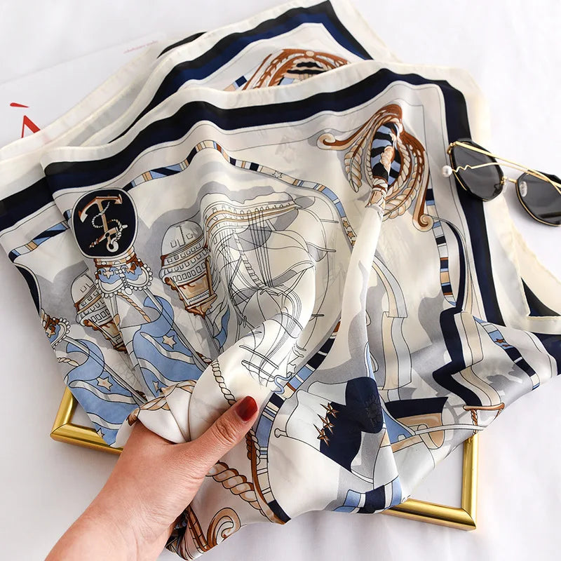 VILZSTUDIOS 90*90cm Women Square Silk Scarf Luxury Brand Large Shawl Neckerchief Print Headband Female Foulard Bandana Wraps Hijab Scarves