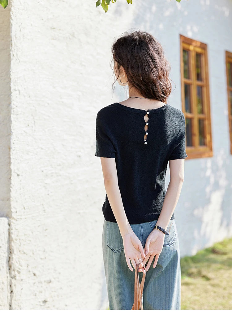 VILZSTUDIOS Pearl Buckle Knitted Short Sleeve T-Shirt