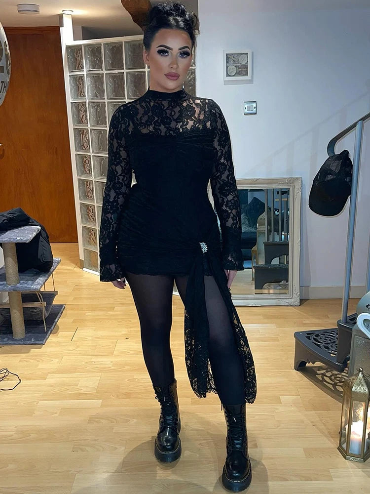 VILZSTUDIOS Sexy Lace Bandage Floral Winter Dress
