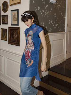 VILZSTUDIOS Blue Buddha Print Mesh Turtleneck Blouse