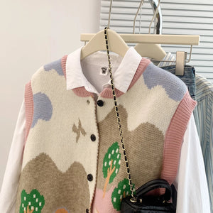VILZSTUDIOS Oversized Jacquard Knit Sleeveless Cardigan