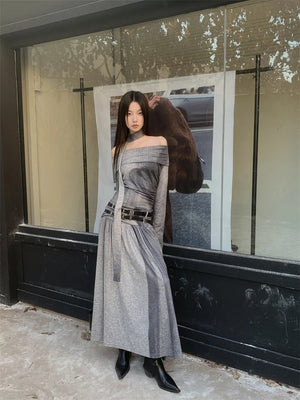 VILZSTUDIOS Grey Knitted Flare Sleeve Maxi Dress