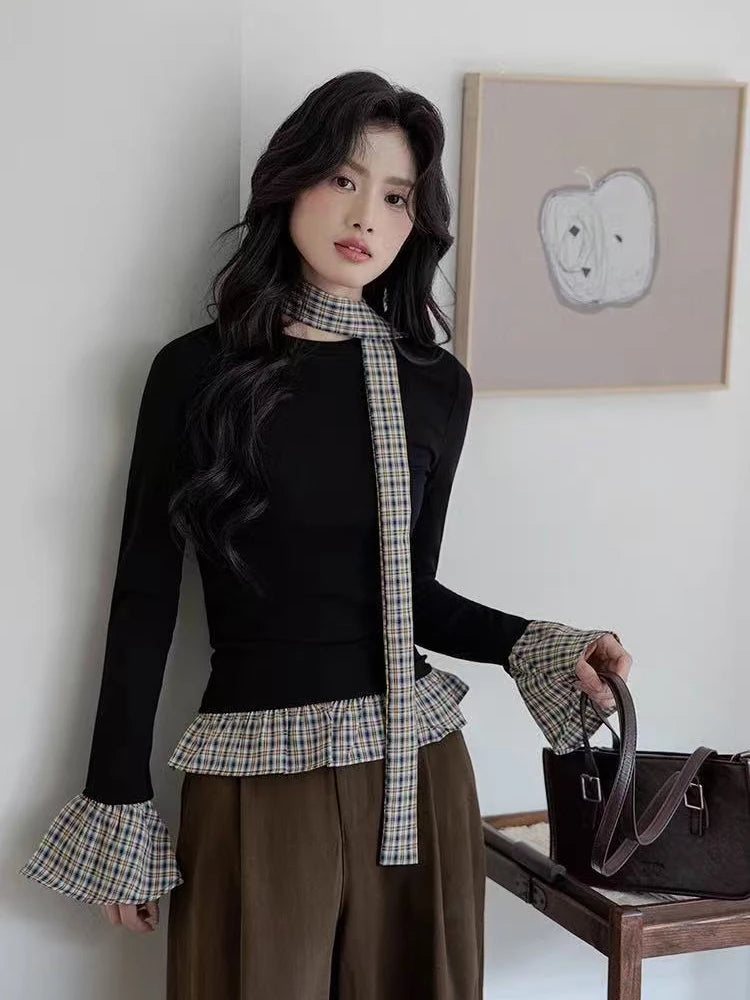 VILZSTUDIOS Chic Black Plaid Long Sleeve Top