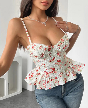 VILZSTUDIOS Floral Lace Up Irregular Crop Blouse