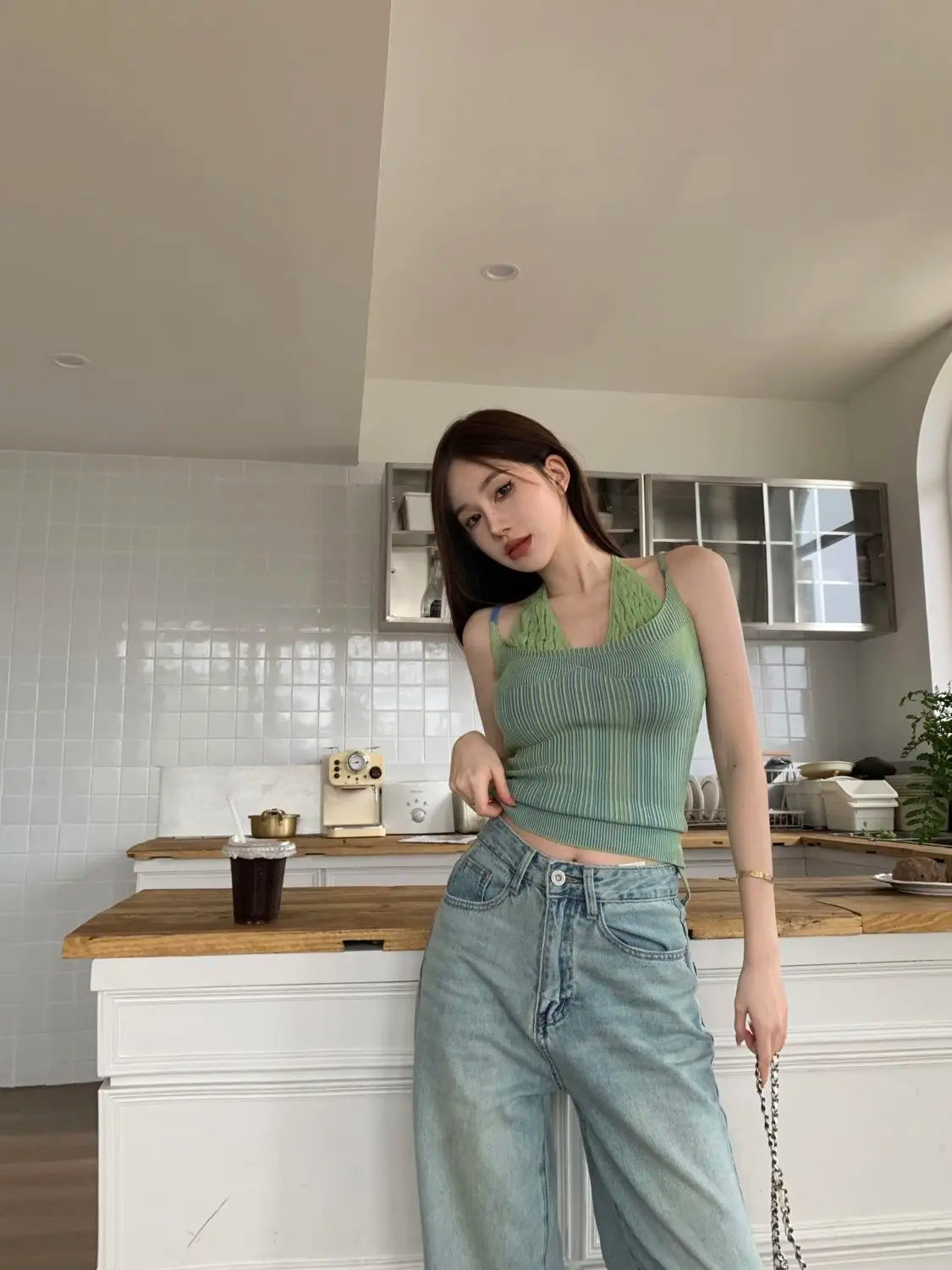 VILZSTUDIOS Vintage Patchwork Knitted Cropped Halter Top