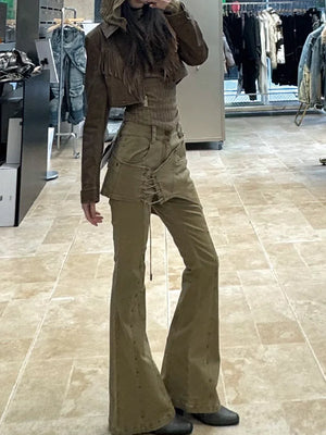 VILZSTUDIOS Vintage Khaki Flare Pants Retro Pants