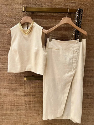 VILZSTUDIOS Beige Sleeveless Tank Top & Skirt Set