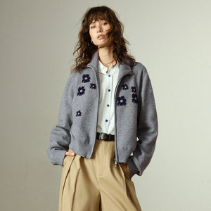 VILZSTUDIOS Flower Embroidered Zipped Cardigan