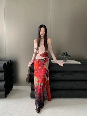 VILZSTUDIOS Luxury Vintage Red Mesh Lace-Up Maxi