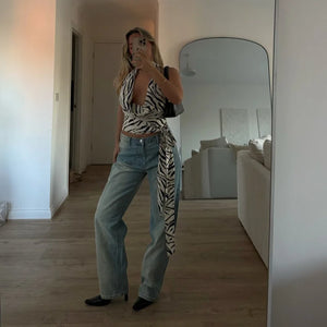 VILZSTUDIOS Zebra Print Backless Draped Cropped Halter Top