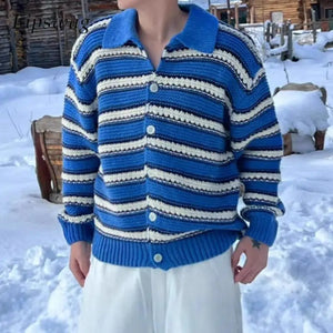 VILZSTUDIOS Vintage Striped Crochet Button-Up Cardigan