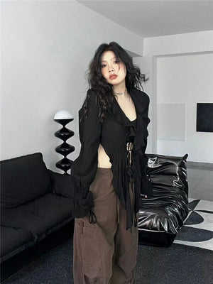 VILZSTUDIOS Black Lace-Up Blouse