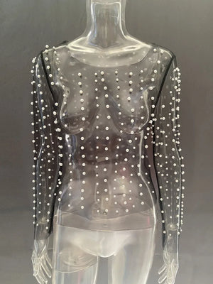 VILZSTUDIOS Stylish Pearl Mesh See-Through Long T-Shirt