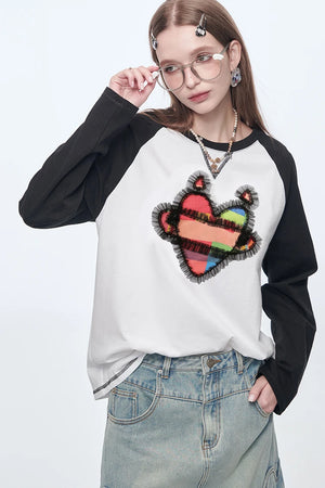 VILZSTUDIOS Patchwork Heart Printed Raglan Long Sleeve Top