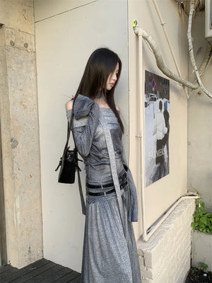 VILZSTUDIOS Grey Knitted Flare Sleeve Maxi Dress