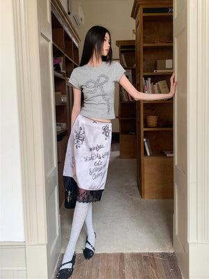 VILZSTUDIOS Stylish Grey Summer Short Sleeve T-Shirt With Lace Midi Skirt