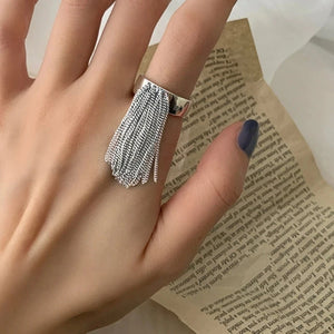 VILZSTUDIOS Silver Color Metal Chain Tassel Ring
