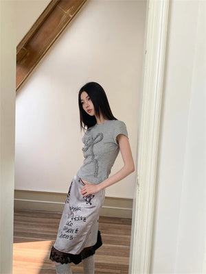 VILZSTUDIOS Stylish Grey Summer Short Sleeve T-Shirt With Lace Midi Skirt