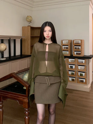 VILZSTUDIOS Elegant Green Sheer Blouse & Mini Skirt