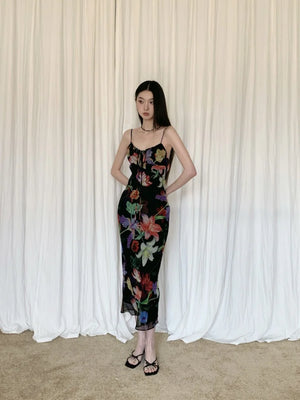 VILZSTUDIOS Black Floral Vacation Bodycon Slip Dress