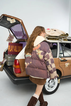 VILZSTUDIOS Cartoon Chessboard Printed Puffer Jacket