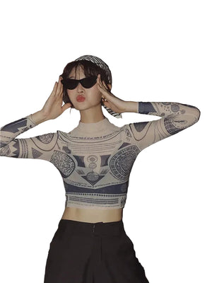 VILZSTUDIOS Sheer Nude Mesh Long Sleeve Crop Top