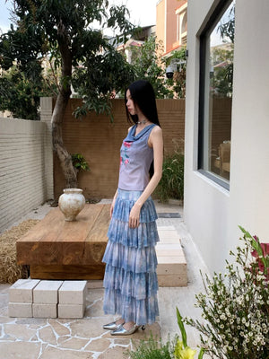 VILZSTUDIOS Gradient Blue Floral Sleeveless Mesh Tank Top