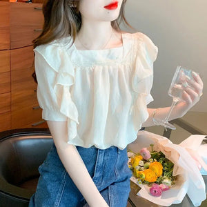 VILZSTUDIOS Chic Summer Square Collar Ruffles Shirt