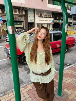 VILZSTUDIOS Elegant Green Sheer Blouse