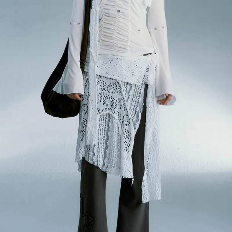 VILZSTUDIOS Vintage Lace Irregular White Skirt