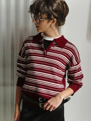 VILZSTUDIOS Retro Striped Knitted Polo Top