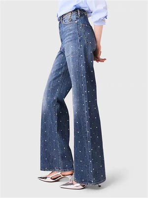VILZSTUDIOS High Waist Blue Beaded Straight Leg Jeans