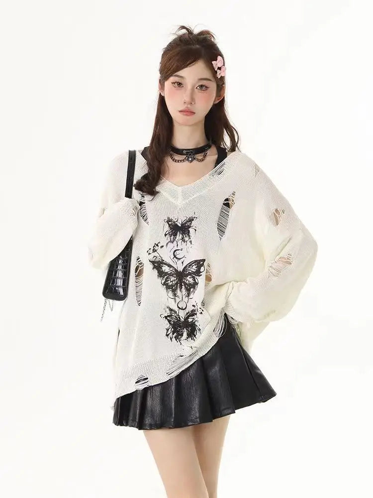 VILZSTUDIOS Graffiti Butterfly Hollow-out Knit Top