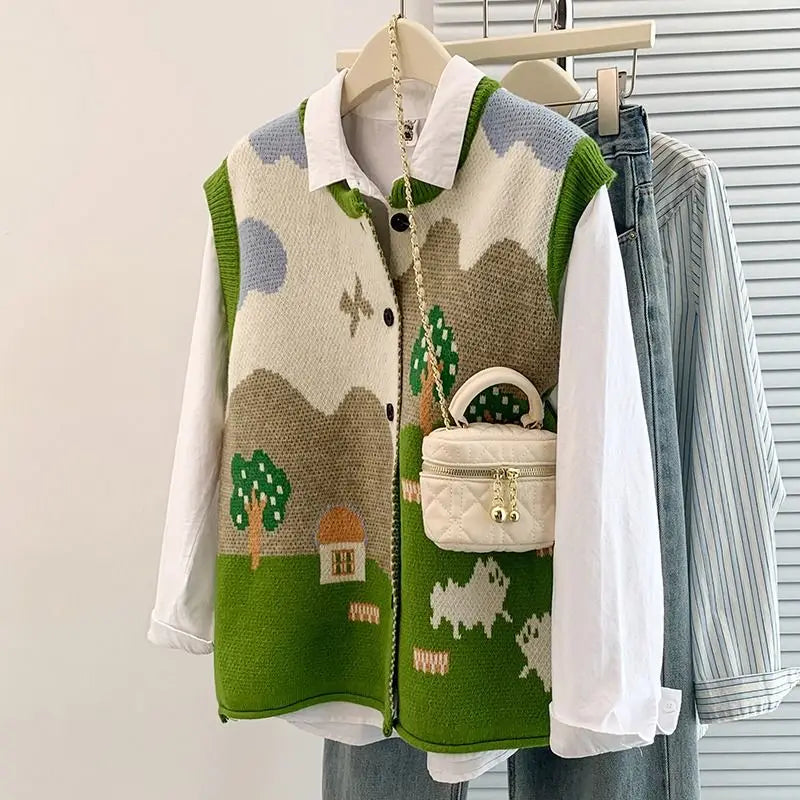 VILZSTUDIOS Oversized Jacquard Knit Sleeveless Cardigan