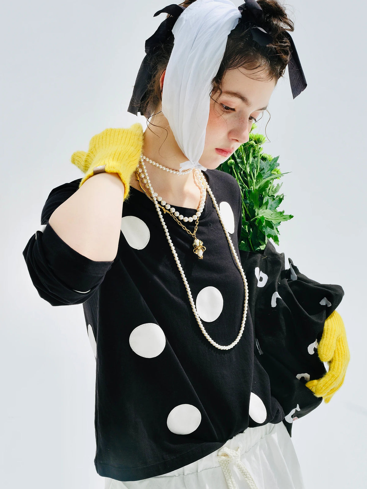 VILZSTUDIOS Black Polka Dot Long Sleeve Casual T-Shirt