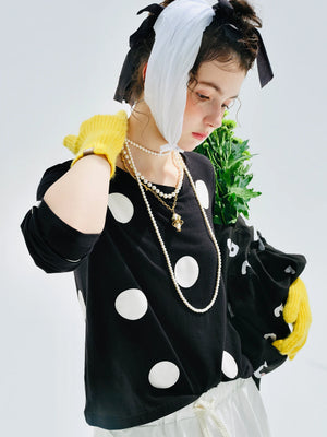 VILZSTUDIOS Black Polka Dot Long Sleeve Casual T-Shirt