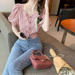 VILZSTUDIOS French Style Floral V-Neck Puff Blouse