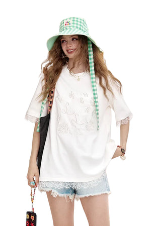VILZSTUDIOS Lace Patchwork Casual Short Sleeve T-Shirt