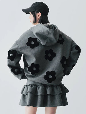 VILZSTUDIOS Gray Floral Patch Long Sleeve Hoodie