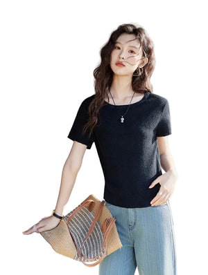VILZSTUDIOS Pearl Buckle Knitted Short Sleeve T-Shirt