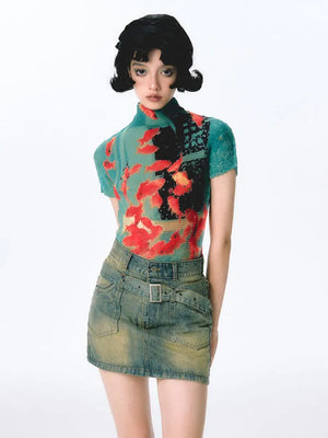 VILZSTUDIOS Goldfish Print Turtleneck Slim T-Shirt