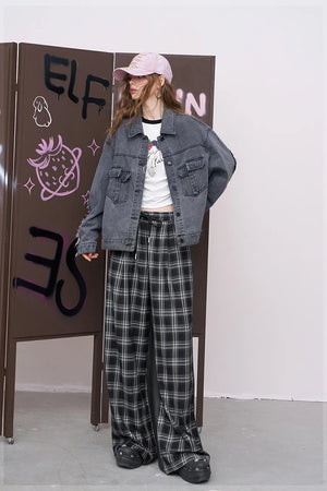 VILZSTUDIOS Streetwear Plaid Wide Leg Lounge Pants