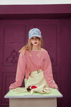 VILZSTUDIOS Monochrome Striped Love Embroidered Top