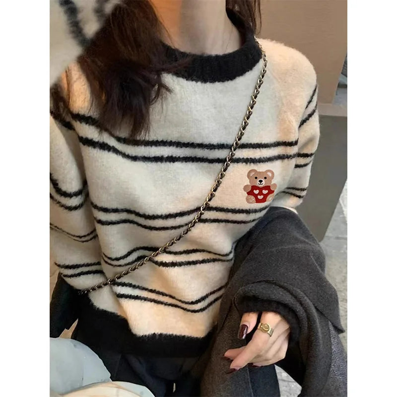 VILZSTUDIOS Striped Cartoon Embroidery Sweater