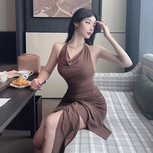 VILZSTUDIOS Brown Halter Sleeveless Irregular Mini Dress