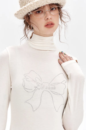 VILZSTUDIOS Sequined Bowknot Turtleneck Slim Top