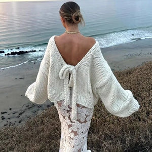 VILZSTUDIOS White Lace-Up Backless Cardigan