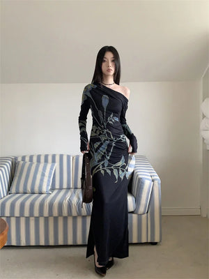 VILZSTUDIOS Dark Blue Floral Off-Shoulder Maxi Dresses
