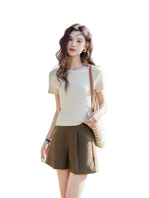 VILZSTUDIOS Pearl Buckle Knitted Short Sleeve T-Shirt